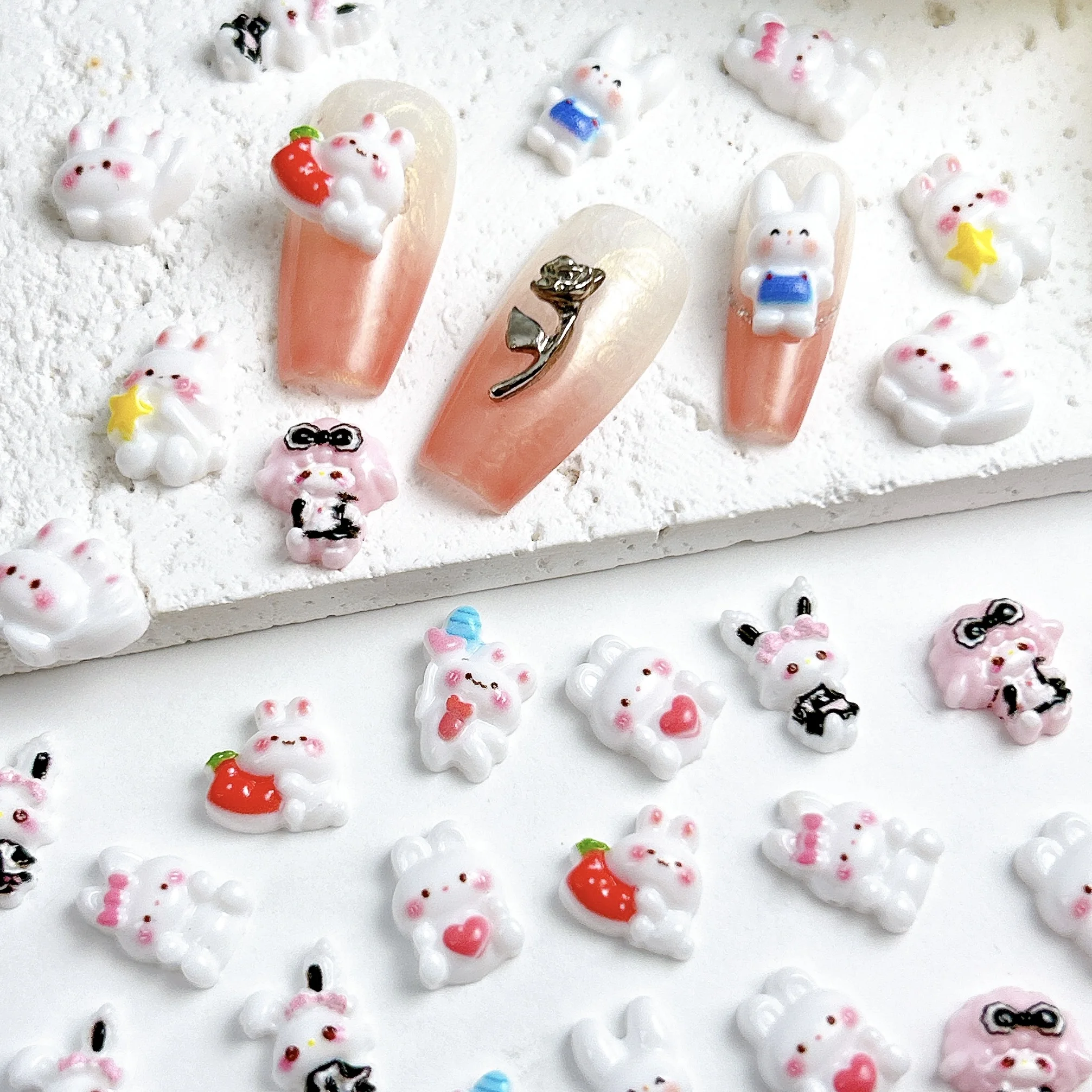 30PCS 3D Kawaii Cartoon Powder Blusher Rabbit Resin Nail Art Decorations Creative Skirt Star Bow Rabbit Nail Charms DIY Nails