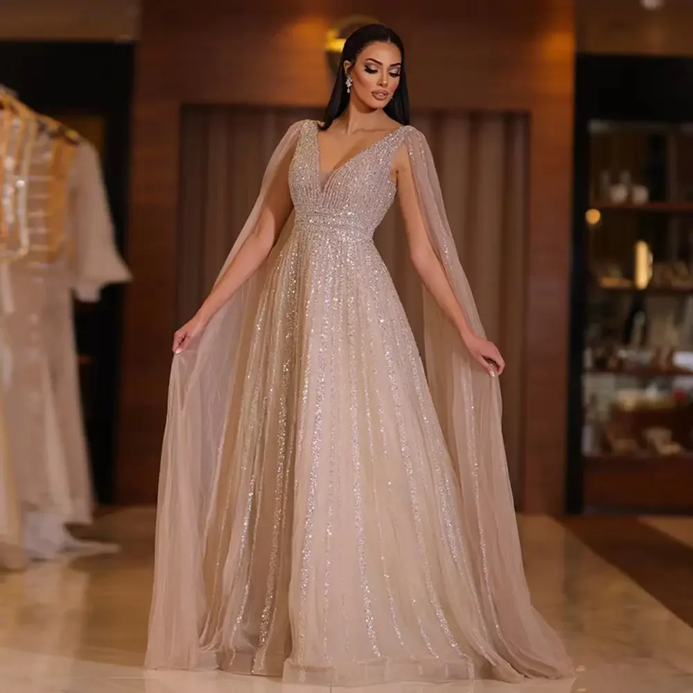 

Saudi Arabia Evening Gowns Women Elegant Party Dresse V Neck Bead Sequins Prom Dresses Flutters A Line Vestidos De Noche