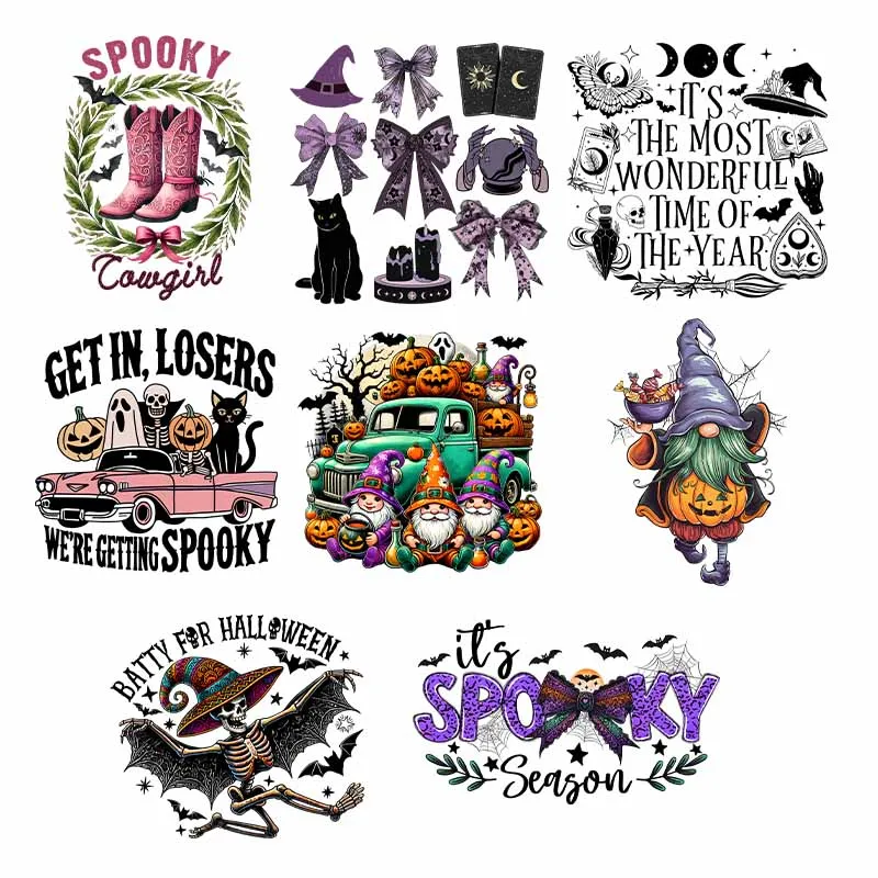 Halloween Iron On DTF Transfer Pumpkin Spooky Sticker On T Shirt Dwarf Skull Bat Heat Transfer Patch DIY Bat Animals