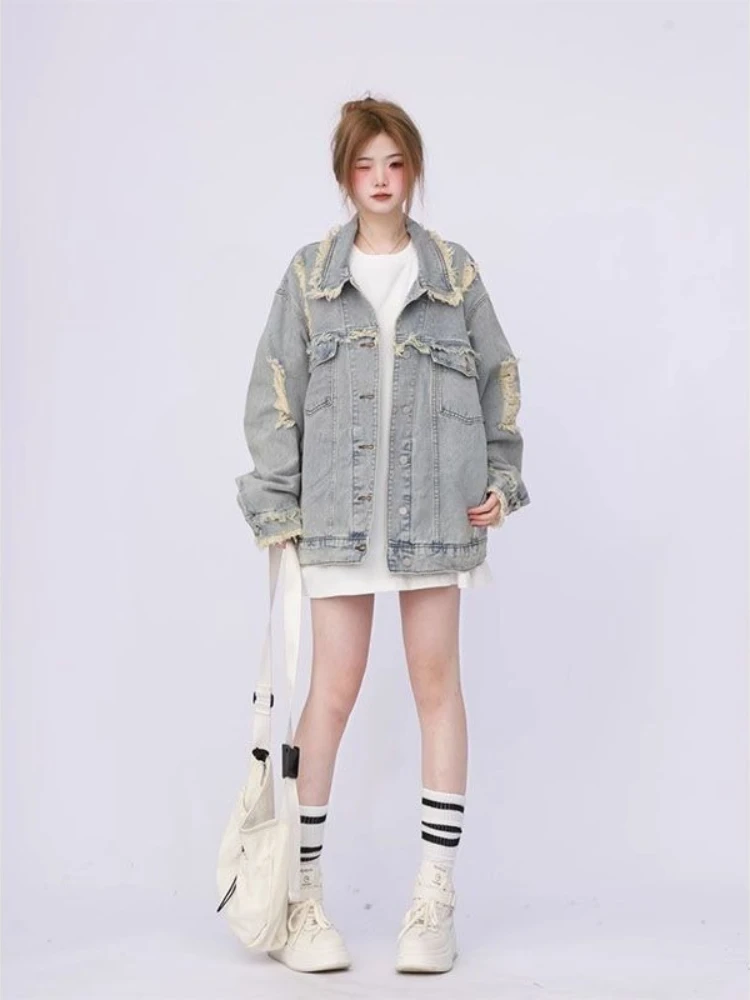 Moda da donna vintage in denim strappato effetto consumato oversize casual street style primavera autunno