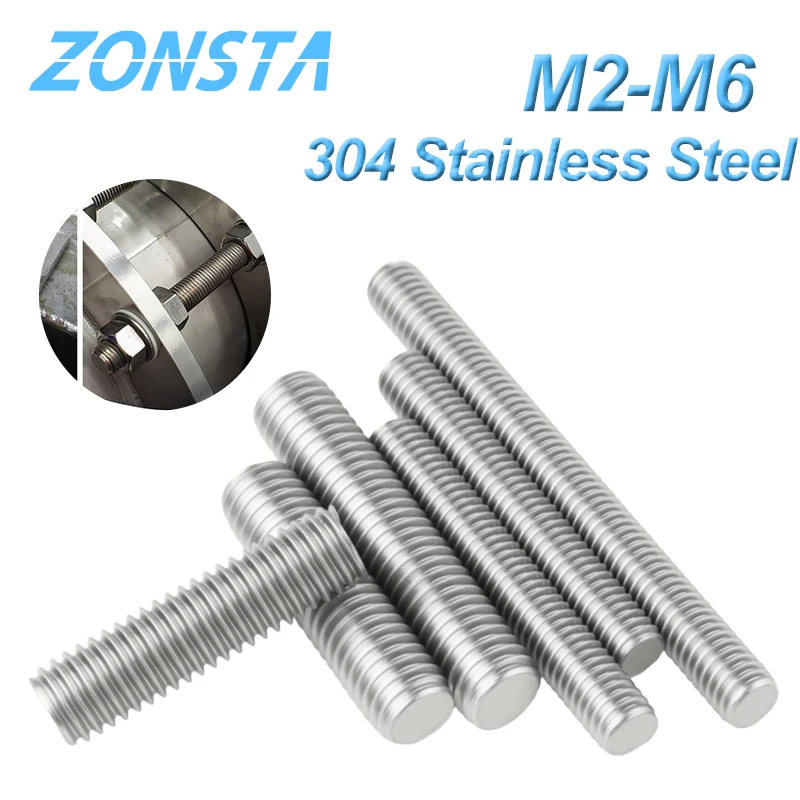 Image of M2 M2.5 M3 M4 M5 M6 Vollgewindestangen, Metrische Gewindestangen, Schaftstangen, Schrauben aus 304 Edelstahl, Bolzenlänge=16-500mm