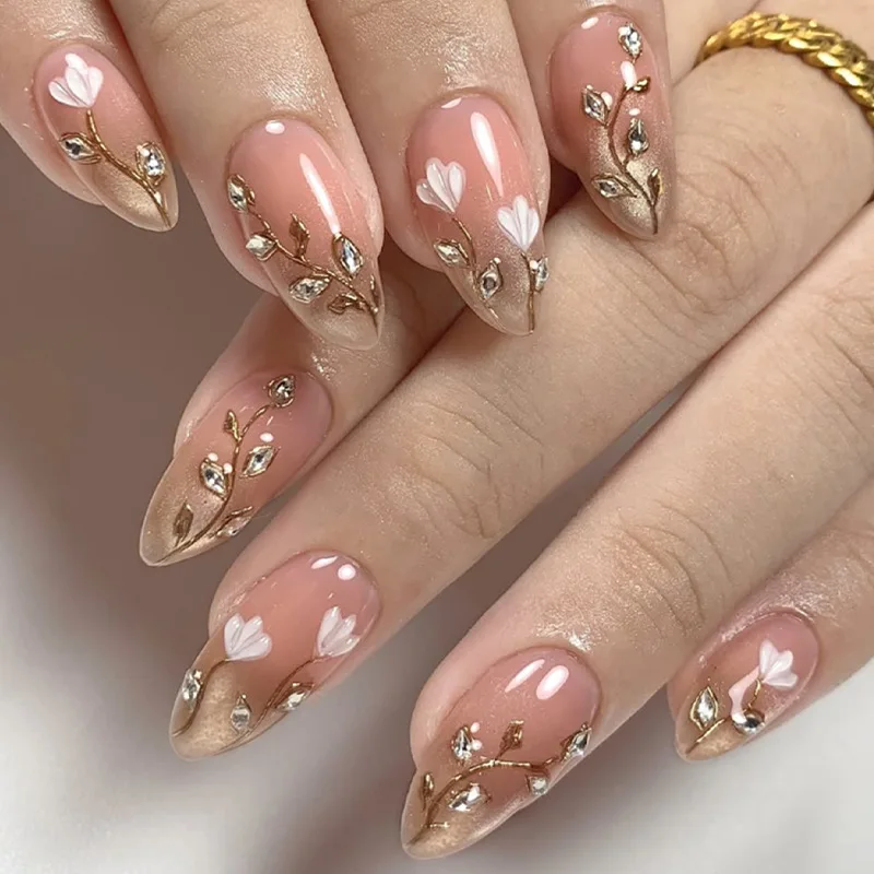 

24pcs Flower Press on Nails with Rhinestone Design Mid-length Almond False Nails Cat's Eye Full Cover Nail Tips Blush Fake Nail