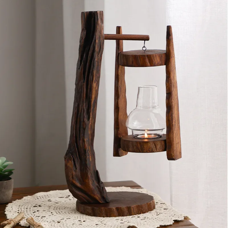 Retro Southeast Asian Candle Holder Outdoor Glass Windproof Candle Lantern Courtyard Decorative Wooden Candle Stick Vintage