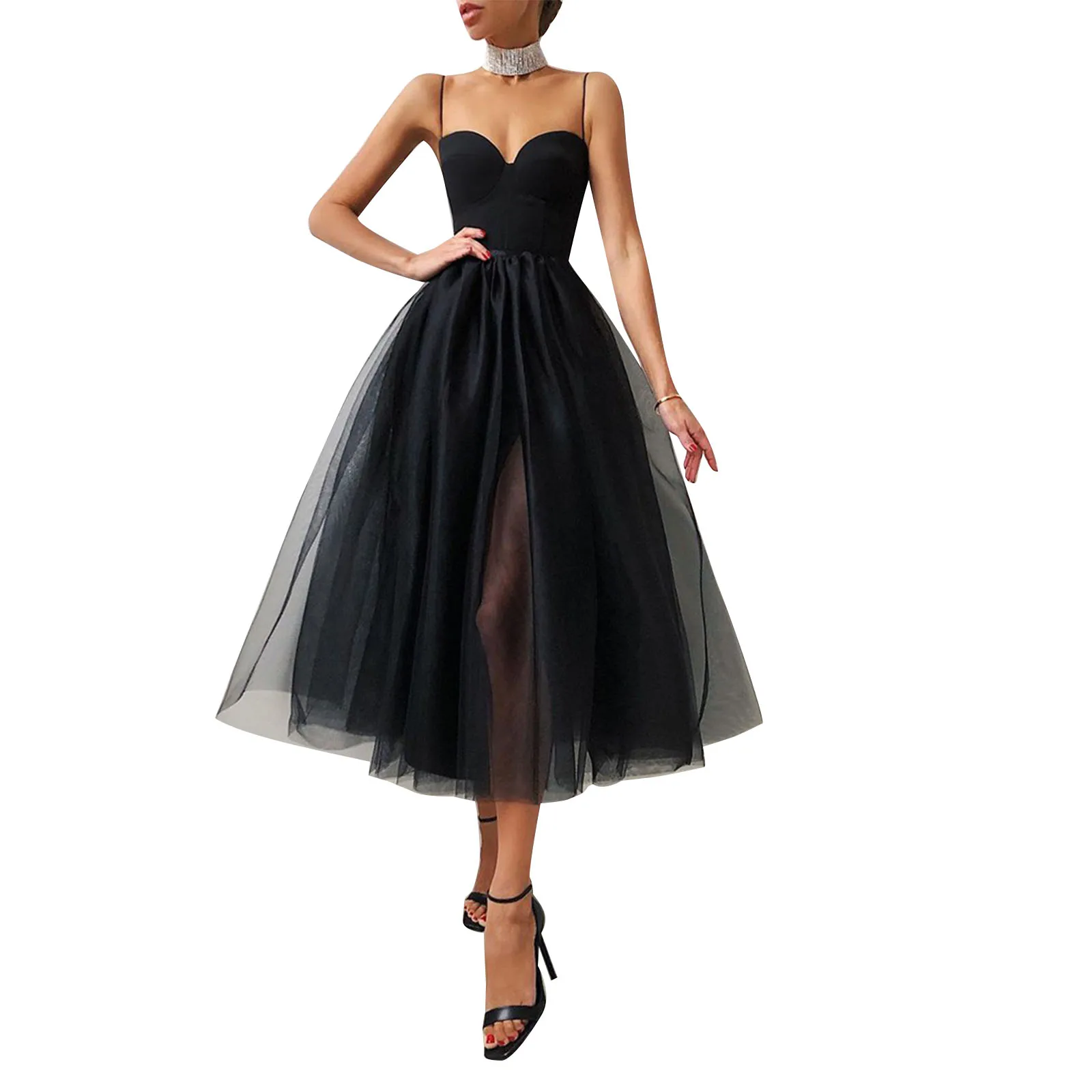 

Women Tulle Dress Summer Cocktail Solid Color Dress Spaghetti Straps Knee-length Party Side Slit Mesh Braces Skirt