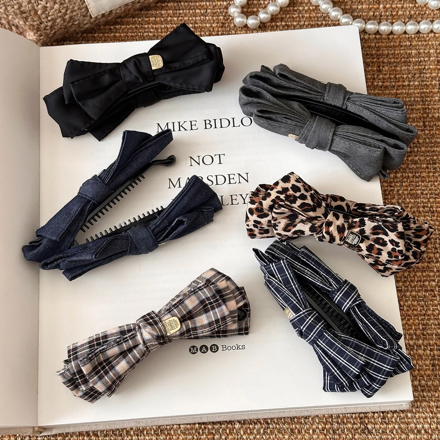 

1pc Korean Melard Leopard Plaid Denim Bow Banana Clip,Autumn and Winter Back of Head Vertical Clip, High-End Hair Styling clip
