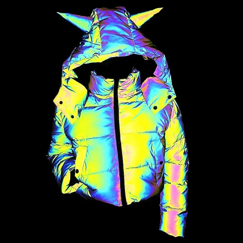 2024 Ladies New Long Sleeve Short Hood Colorful Reflective Cotton-Padded Clothes Fashion Luminous Cotton-Padded Clothes