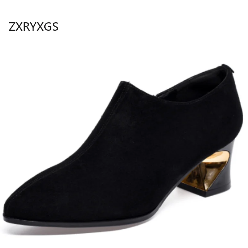 

ZXRYXG2025 Новые женские туфли премиум-класса из матовой овчины со стразами и острым носком из натуральной кожи, офисные рабочие банкетные туфли на среднем каблуке, черные