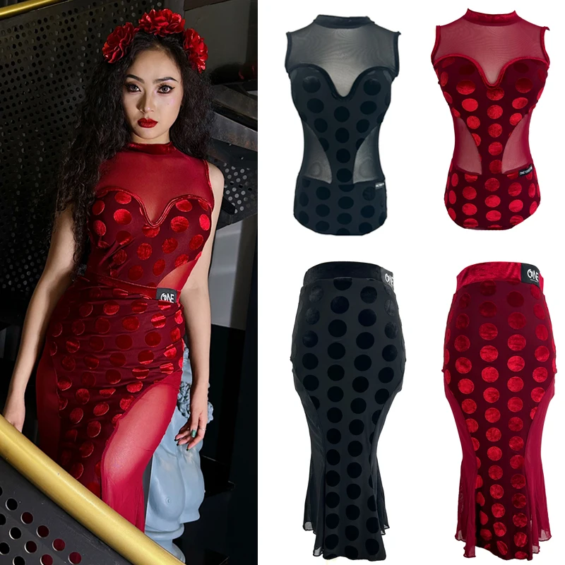 

Женские костюмы для латиноамериканских танцев, откровенное бархатное боди с запахом на бедрах, юбка, платье для выступления, модель DQS13176, 2023