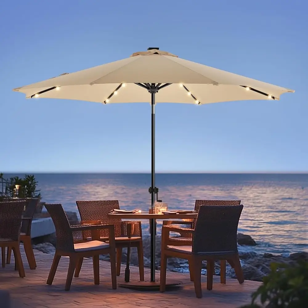 

9Ft Solar Led Patio Umbrella, Sturdy Outdoor Market Umbrella For Deck, Pool, Garden W/Tilt, Crank, 32 Led Lights, Beige