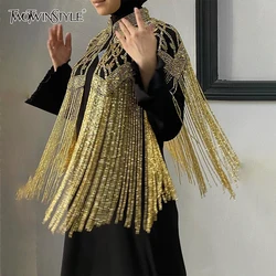 TWOTWINSTYL Spliced Tassel Designer Cloak Coats For Women Stand Collar Spliced Diamonds Temperament Jacket Female Fashion New