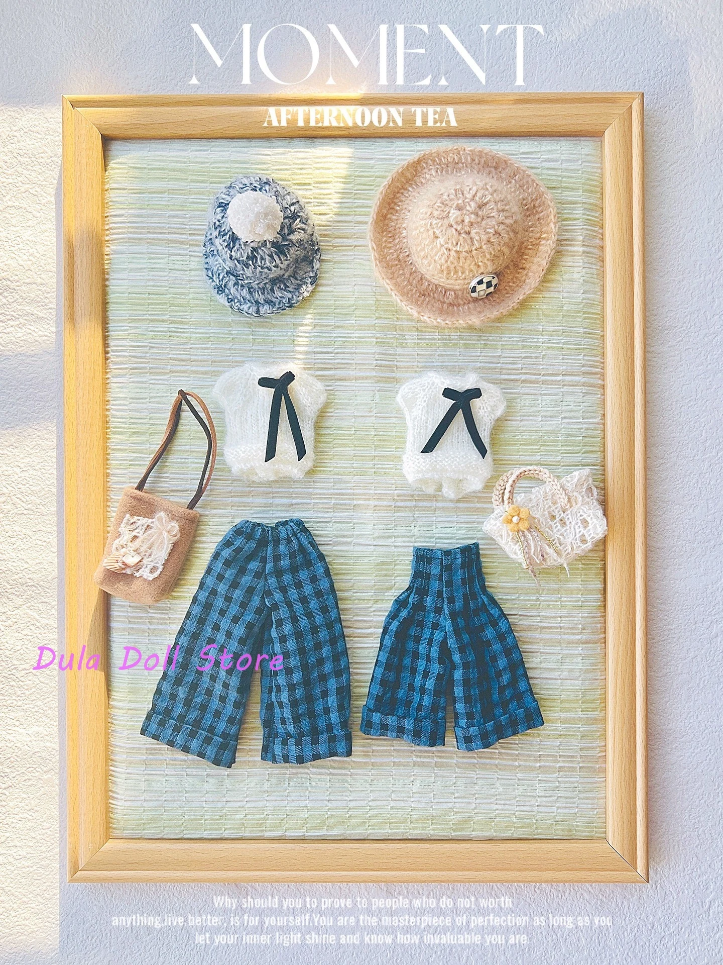 Dula 人形服ブルーチェック柄ワイドレッグパンツとニット帽子セットブライス ob24 ob22 ICY JerryB 1/6 人形アクセサリー用