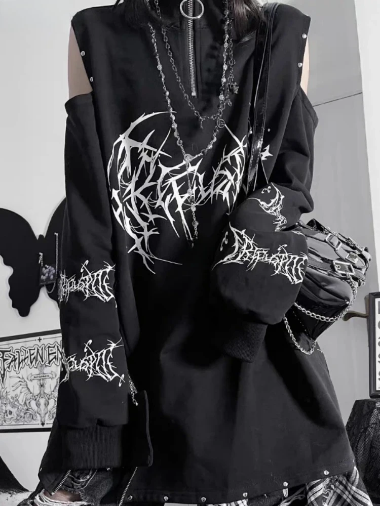 Vintage Black Printing Punk T-Shirt Women Harajuku Off Shoulder Grunge Tops Vintage Oversized Y2k Aesthetic Zipper Tees 2025