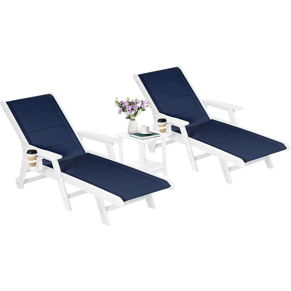 

3-Piece Patio Lounge Set with 5-Position Adjustable Chairs, Wheels, and Cup Holders - Blue and White