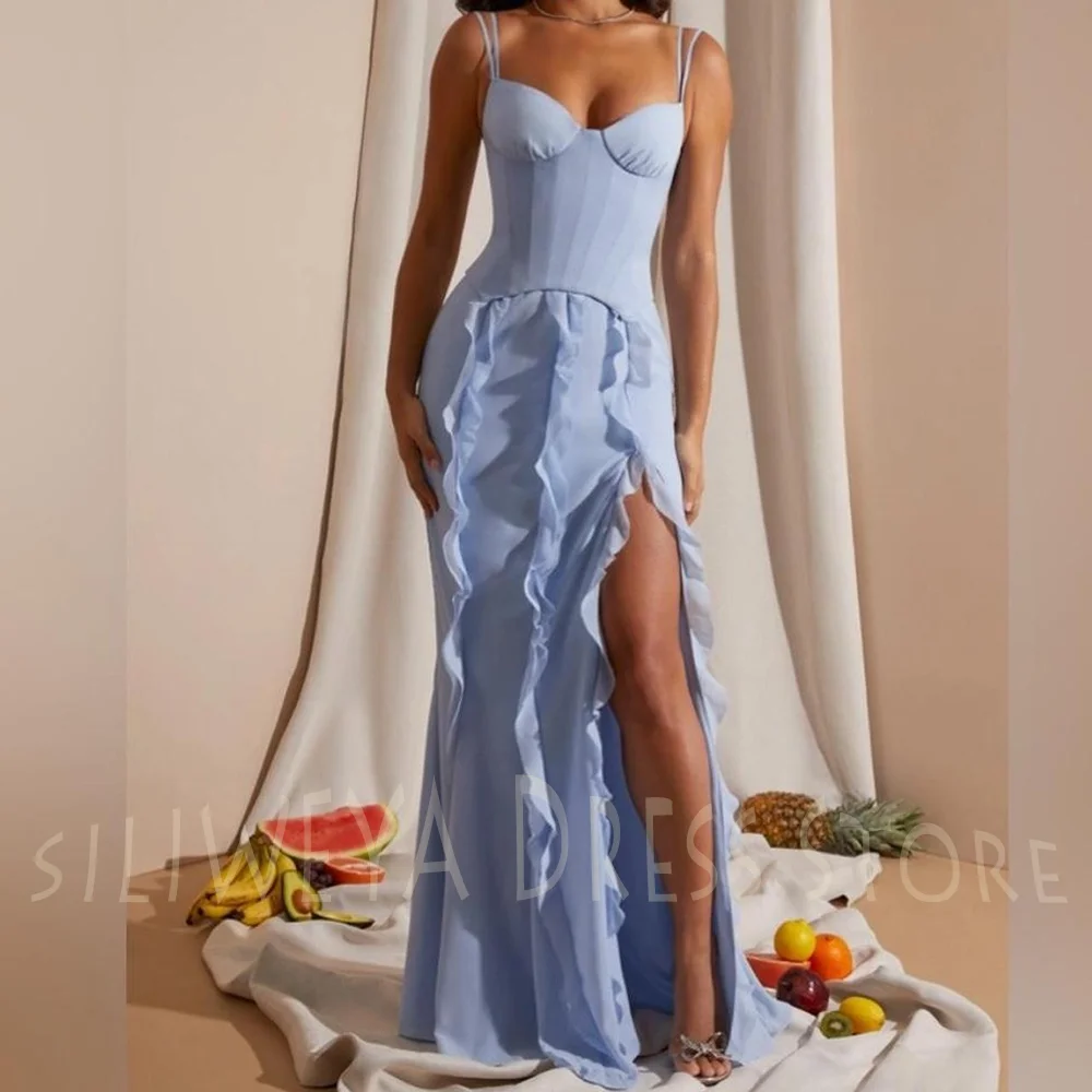 Robe de soirée Simple bleu clair, style sirène, fente latérale, Chic, bretelles Spaghetti, froncée, élégante, mode, robe de soirée formelle