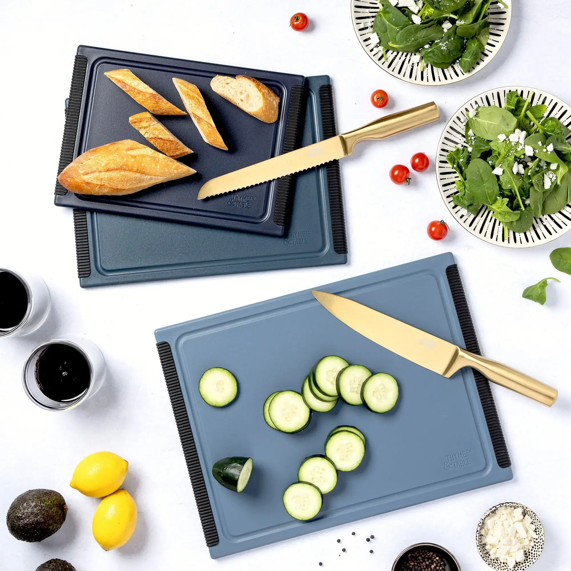 3-Piece Poly Cutting Boards, Blue. Sizes: 8.5x12, 10x14, 12x16 Inch. Non-Slip, Dishwasher Safe, Durable. Kitchen Essential