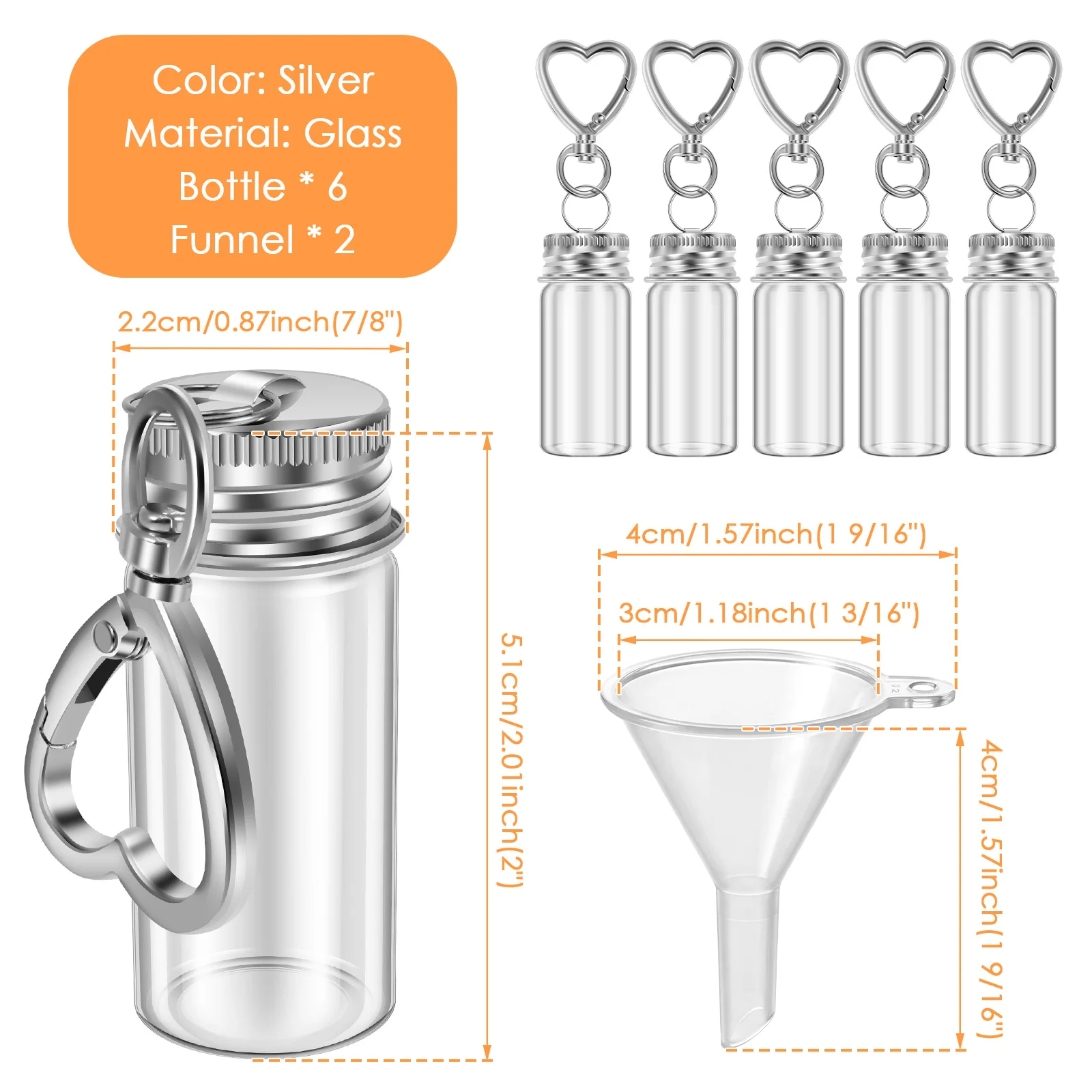 6Pcs Mini Seasoning Bottle Keychain Set with Mini Funnel Portable Clear Glass Spice Jar with Lid for Travel Camping Out Picnic