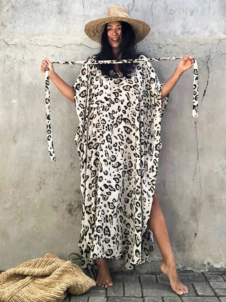 Boho Leopard Print Women Long Dress Swimwear Cover-ups Rayon Kimono Kaftan 2023 Summer Bikini Cover Up Female Dresses Beachwear