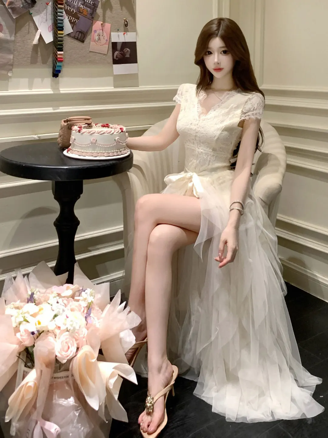 

Elegant V-Neck Puffy Net Dress High Waist Cotton Blend Formal Dress for Business And City Commuting Spring Summer Dress