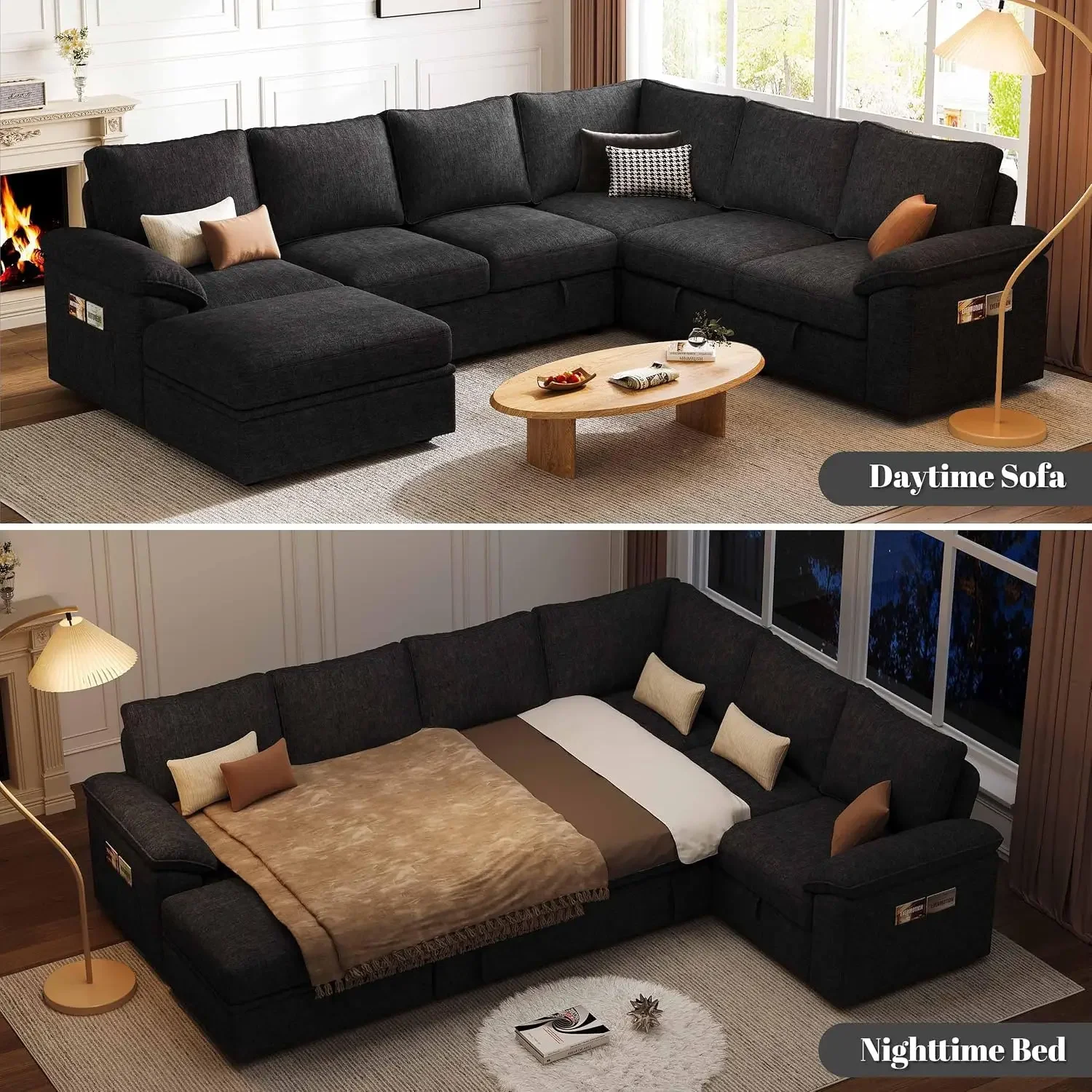 108'' Modular Sectional Sofa with Pull Out Bed, Sleeper Sofa, Black, Custom