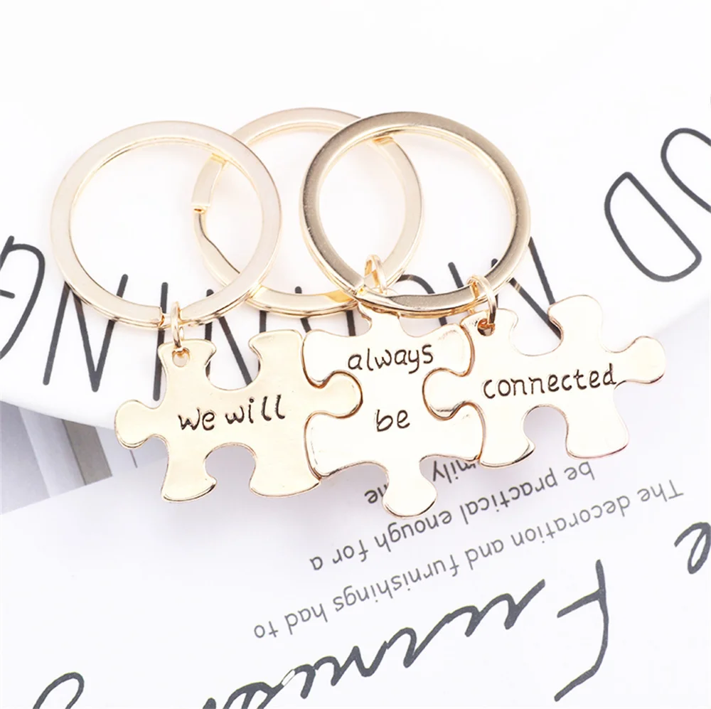 Trendy Best Friends Keychain Carved We Will Always Be Connected Key Chain 3 Piece Puzzle Geometry Keychains Bff Hot Sale Gifts