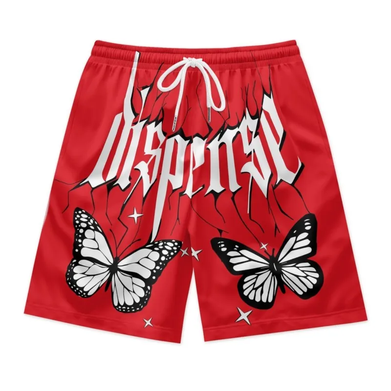 Butterflies Print Men's Summer Drawstring Waist Red Shorts Polyester Streetwear Sport Beach Shorts Clothing Bottoms