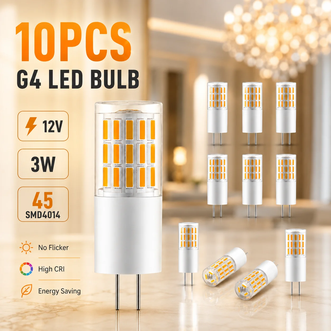 10-Pack G4 12V LED Capsule Bulbs 3W, 45-SMD4014 High Brightness 360° Beam, No Flicker Lamp for Chandelier and Cabinet Lighting
