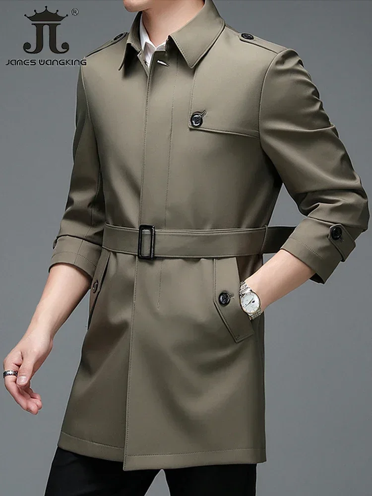 2023 New Spring Autumn Mens Long Solid Color Trench Coats Superior Quality Buttons Male Fashion Outerwear Jackets Windbreaker