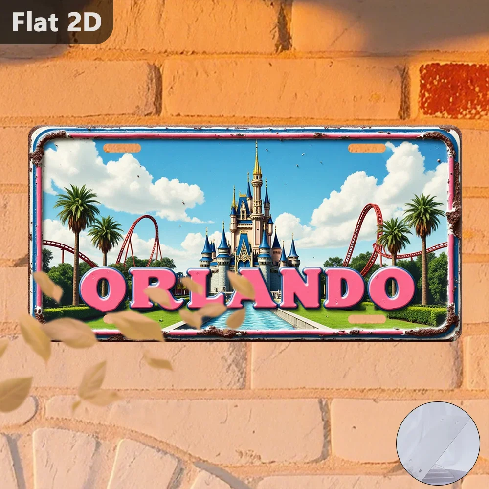 Orlando Theme Park Castle 2D Flat Printing License Plate Style Metal Tin Sign, Florida Vacation Themed Decorative Aluminum Sign