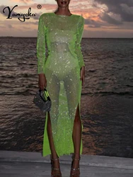 Sexy see through rhinestone maxi club summer dress women 2026 glitter evening party dresses long fishnet beach dress vestidos