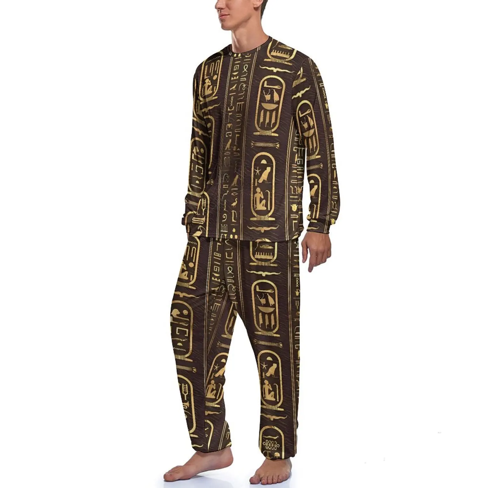 Antigo arte egípcia ouro pijamas outono duas peças kawaii conjuntos de pijama homem manga longa estética impresso casa terno