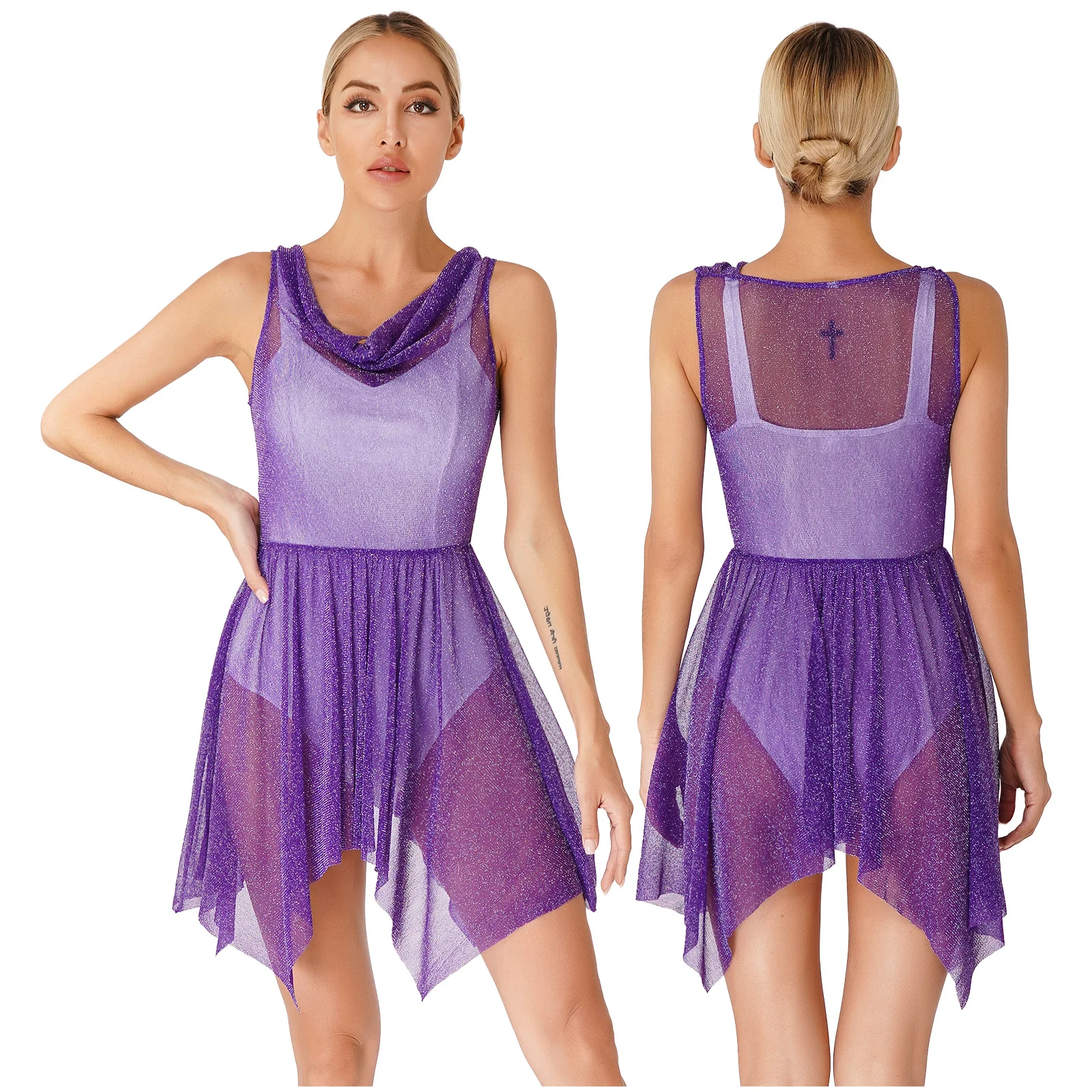 Women Glittery Tunic Lyrical Contemporary Dance Costume Sheer Mesh Praise Dance Overlay Dress Choir Worship Performance Clothes