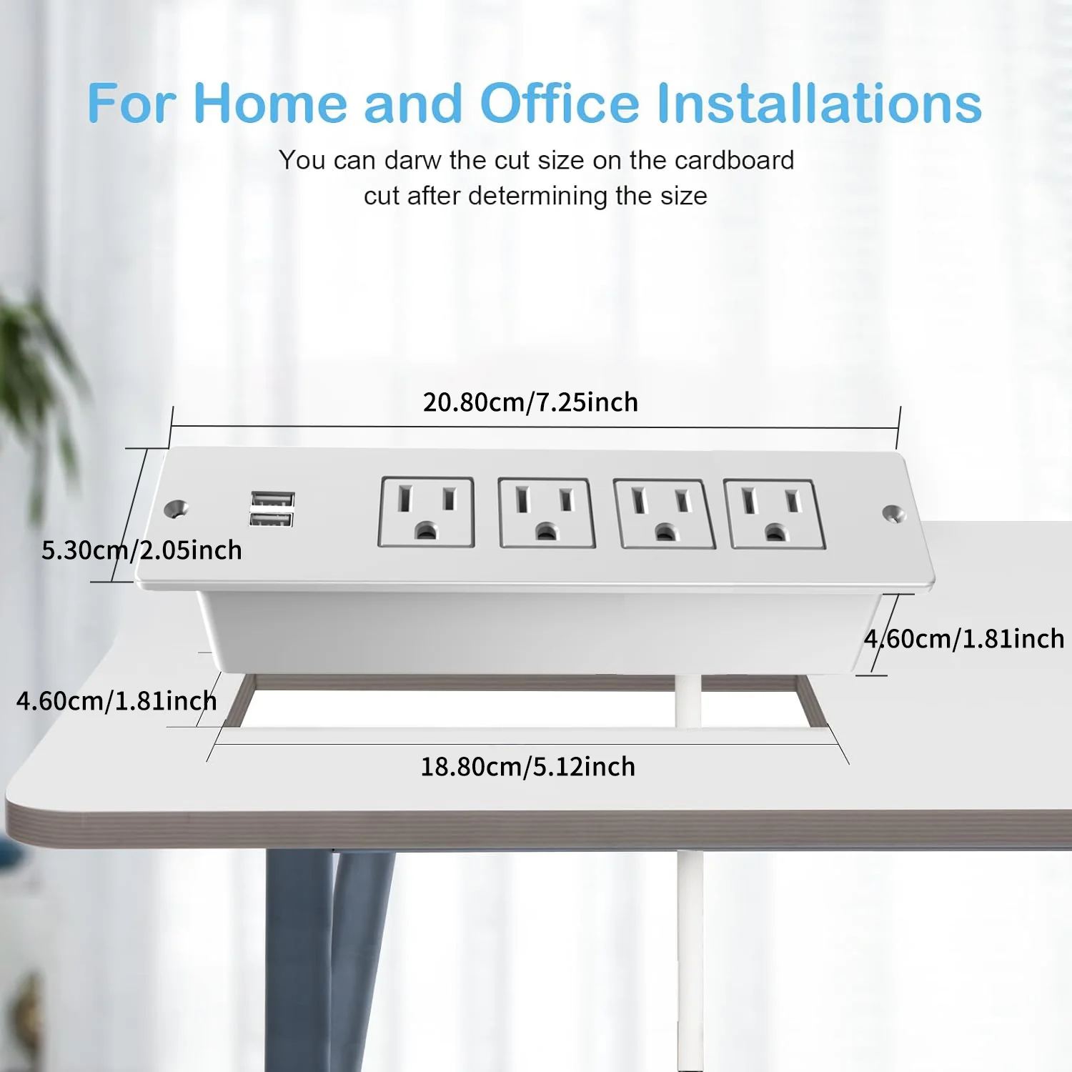 Recessed Mount Built-in Power Strip 4 AC Outlets 2 USB-A Ports (5V 2.1A) Embedded Power Hub with 1.5 meters of extension cord for Office Conference Table Workstation Use