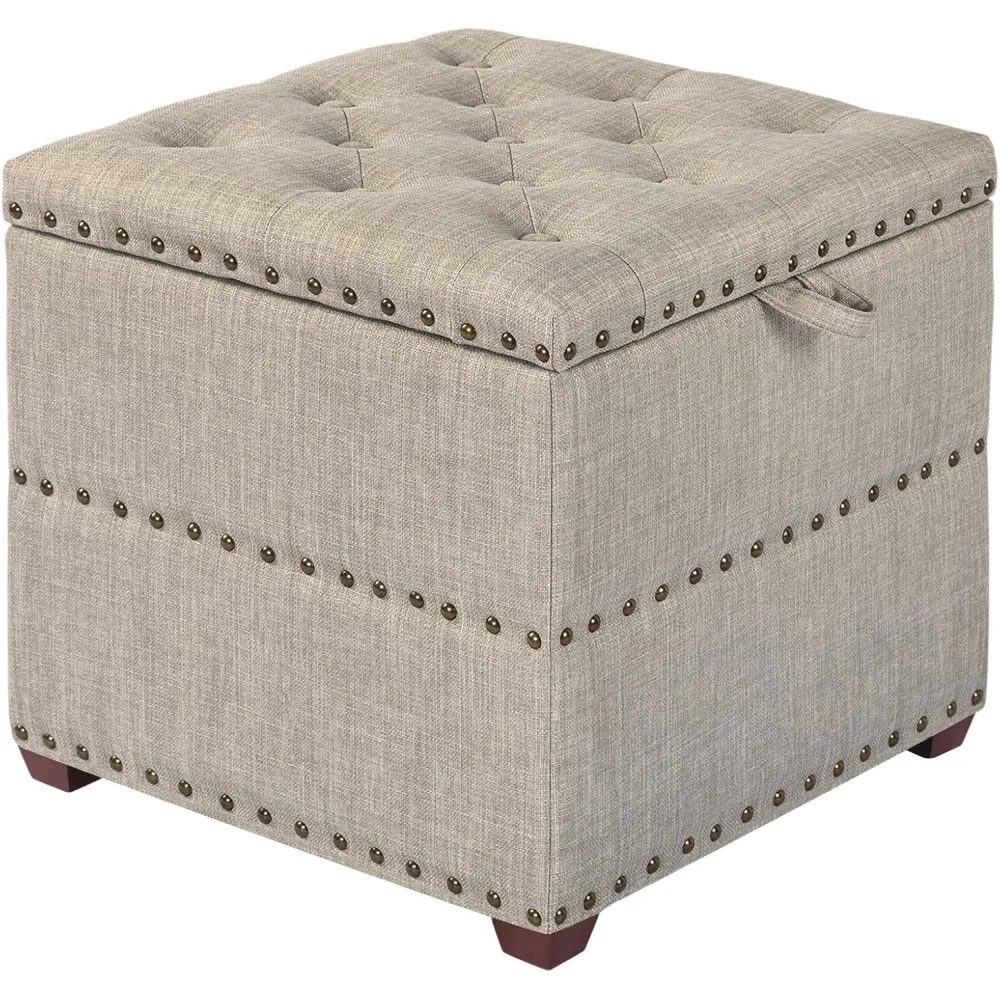 18 Inch High Cube Ottoman Storage, Linen Beige Chair Foot Stools with Tray, Upholstered Vanity Stool with Solid Wood Legs