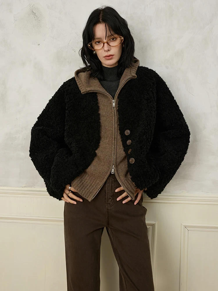 Rightcell 00% lã ort casaco feminino longo sve calor intercado couro pele outerwear solto ajuste inverno jaet