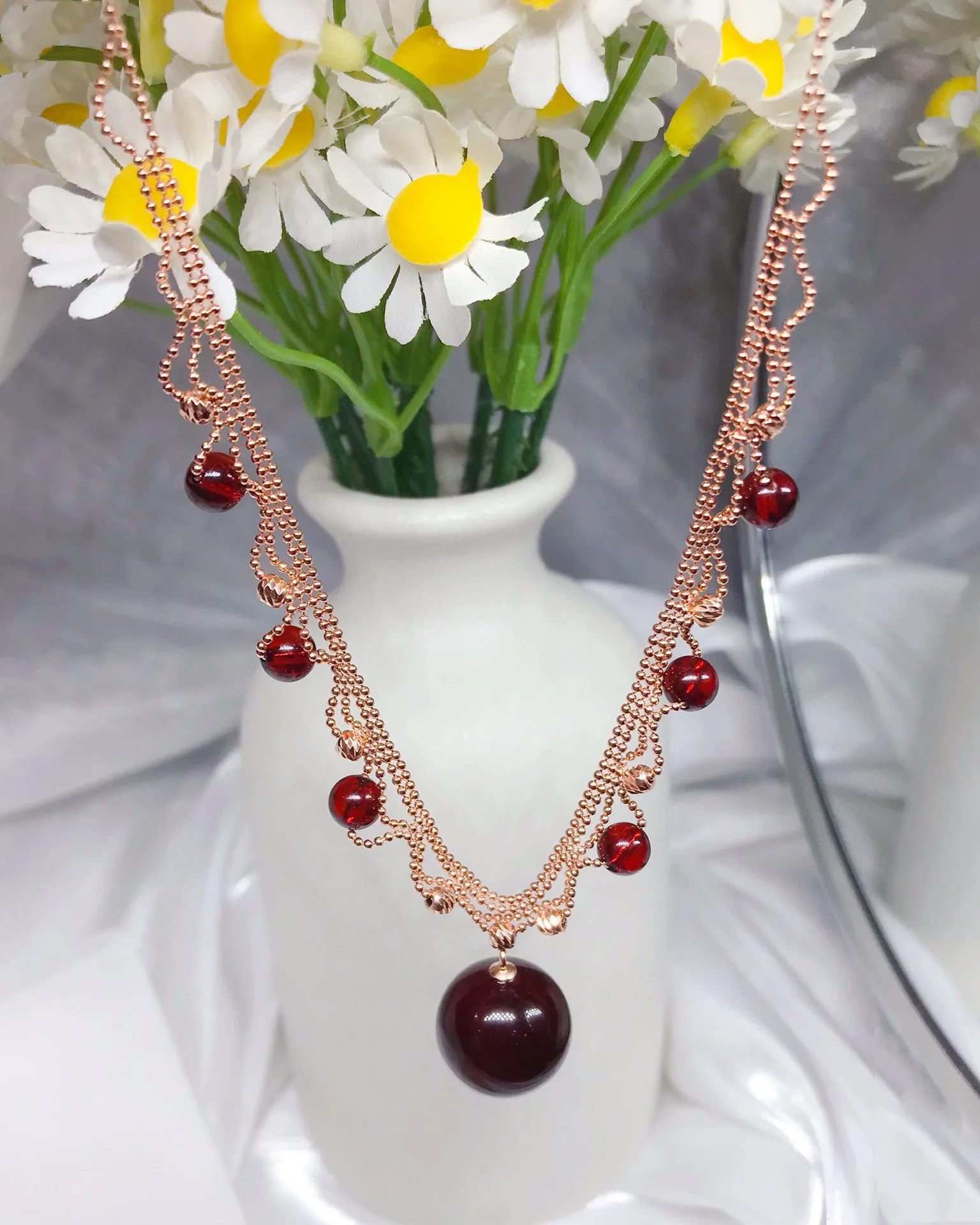 Natural Blood Amber Pendant 15mm Solid Silver Vintage Filigree Braided Design Royal Style Jewelry Gift for Women