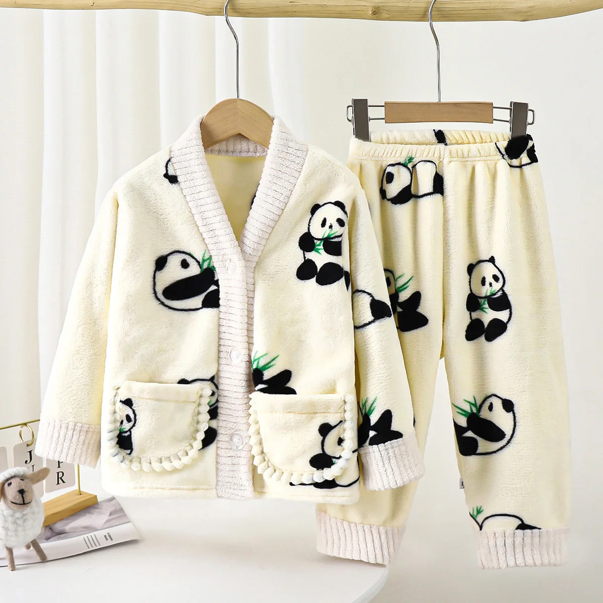 Kids Autumn Winter Thicken Warm Soft Flannel Pajamas Sets Baby Cartoon Panda Bear V-neck Sleepwear Boys Girls Casual Homewear