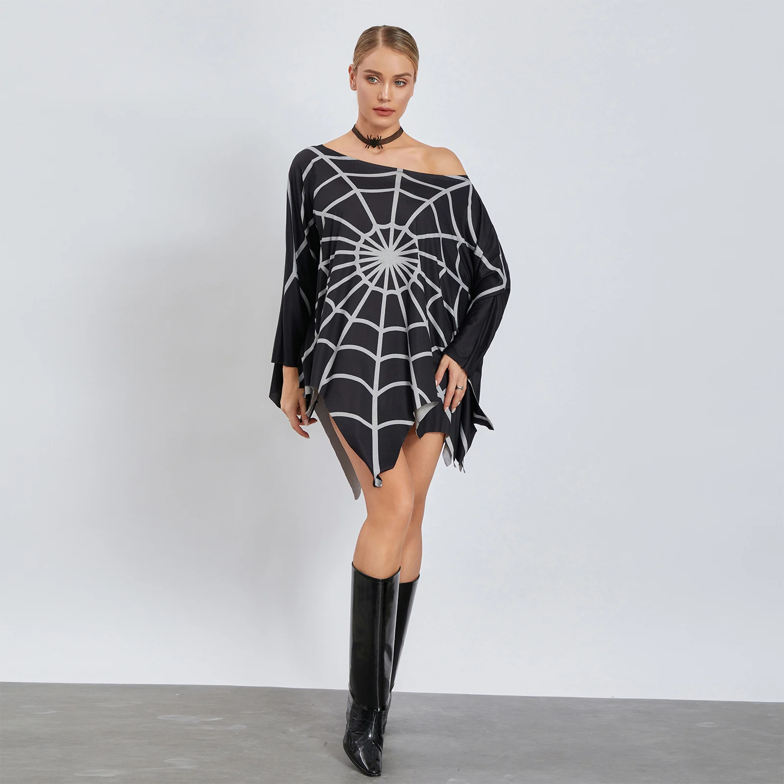 Women Spider Web Cape Costume Poncho Costumes Glitter Spiderweb Capes Top Novelty Pullover Loose Halloween Party Cosplay Outfit