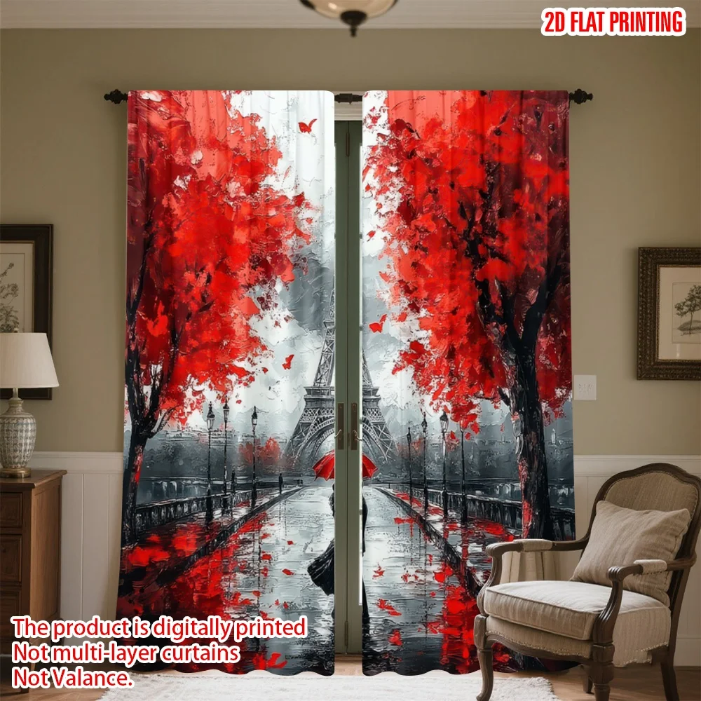 

2D flat printing 2pcs Curtains Romantic Eiffel Romance Digital Printed Polyester Drapes Family Party Decoration for Parties and