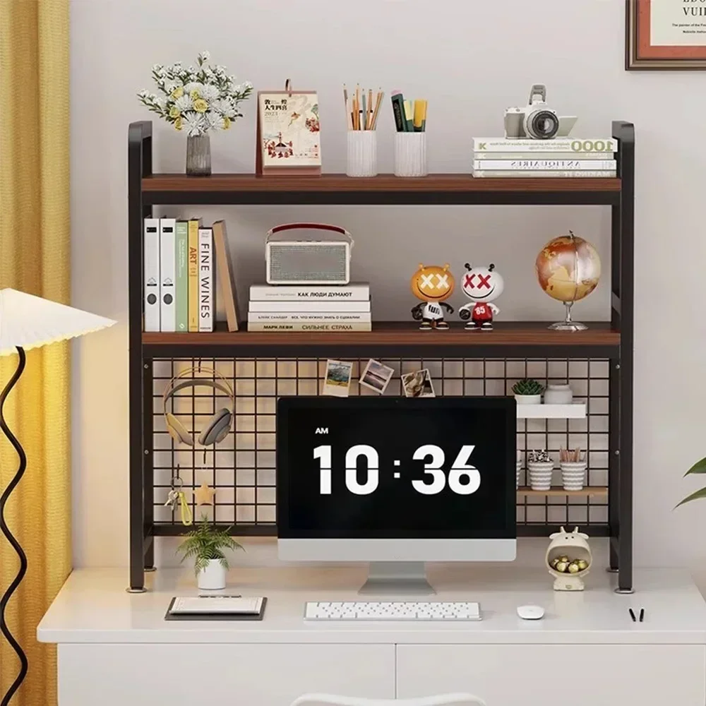 Bookcase with Grid Bookshelf Desktop Multi-Layer Wrought Iron Shelf Student Computer Desk Bookshelf Desk Storage Rack