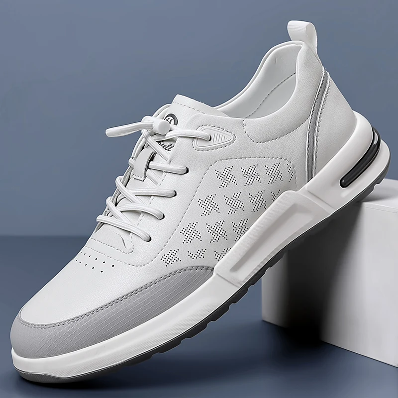 

2025 Spring New Men's Shoes, White Shoes, Summer Genuine Leather Sandals, Breathable Cut Out Sneakers, Non-Slip Slip-On Sports a