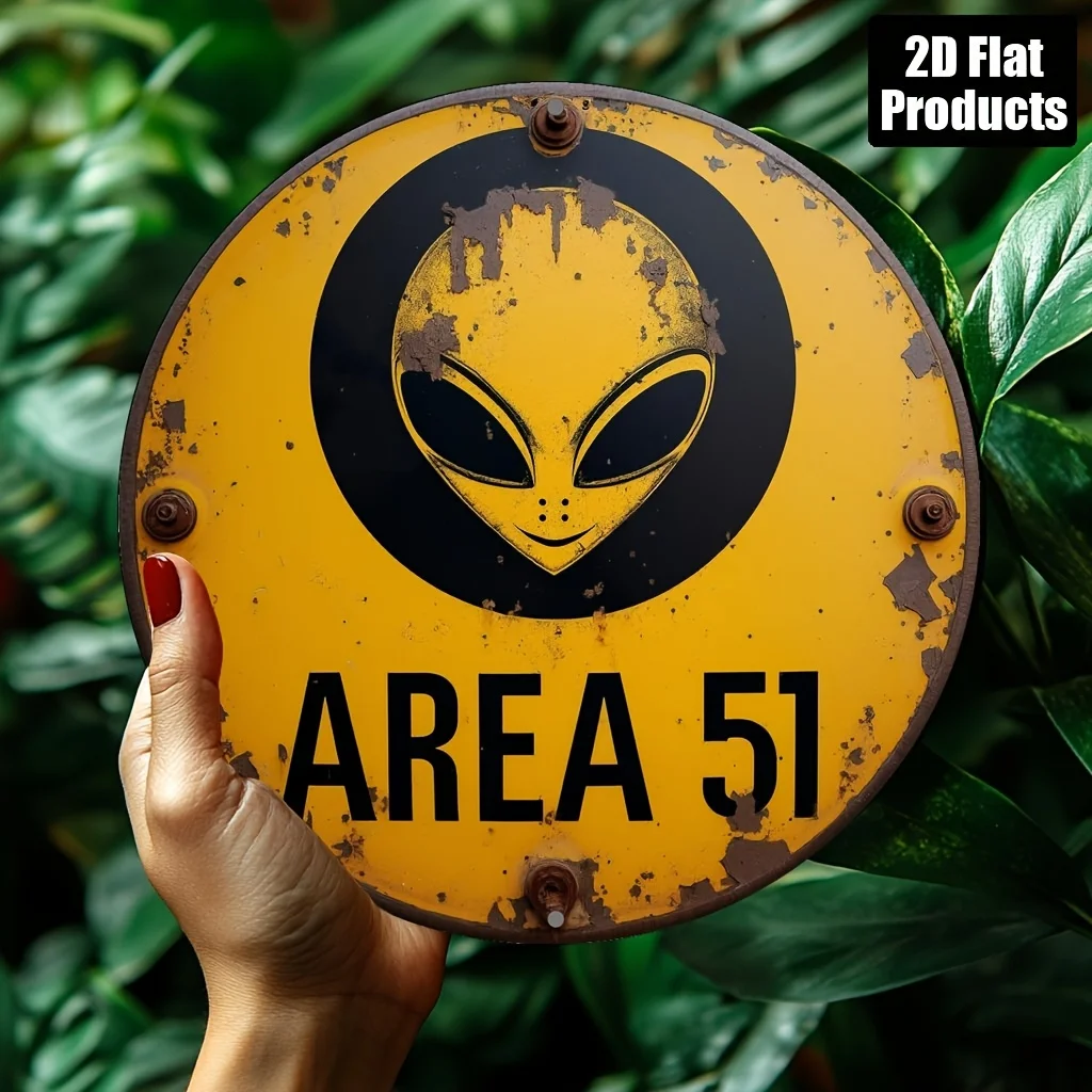 51 Area Alien Vintage Metallschild, 8x8 Zoll rund, Retro-Wandkunst für Zuhause, Bar, Küche, Café, gelb-schwarzes Geschenk