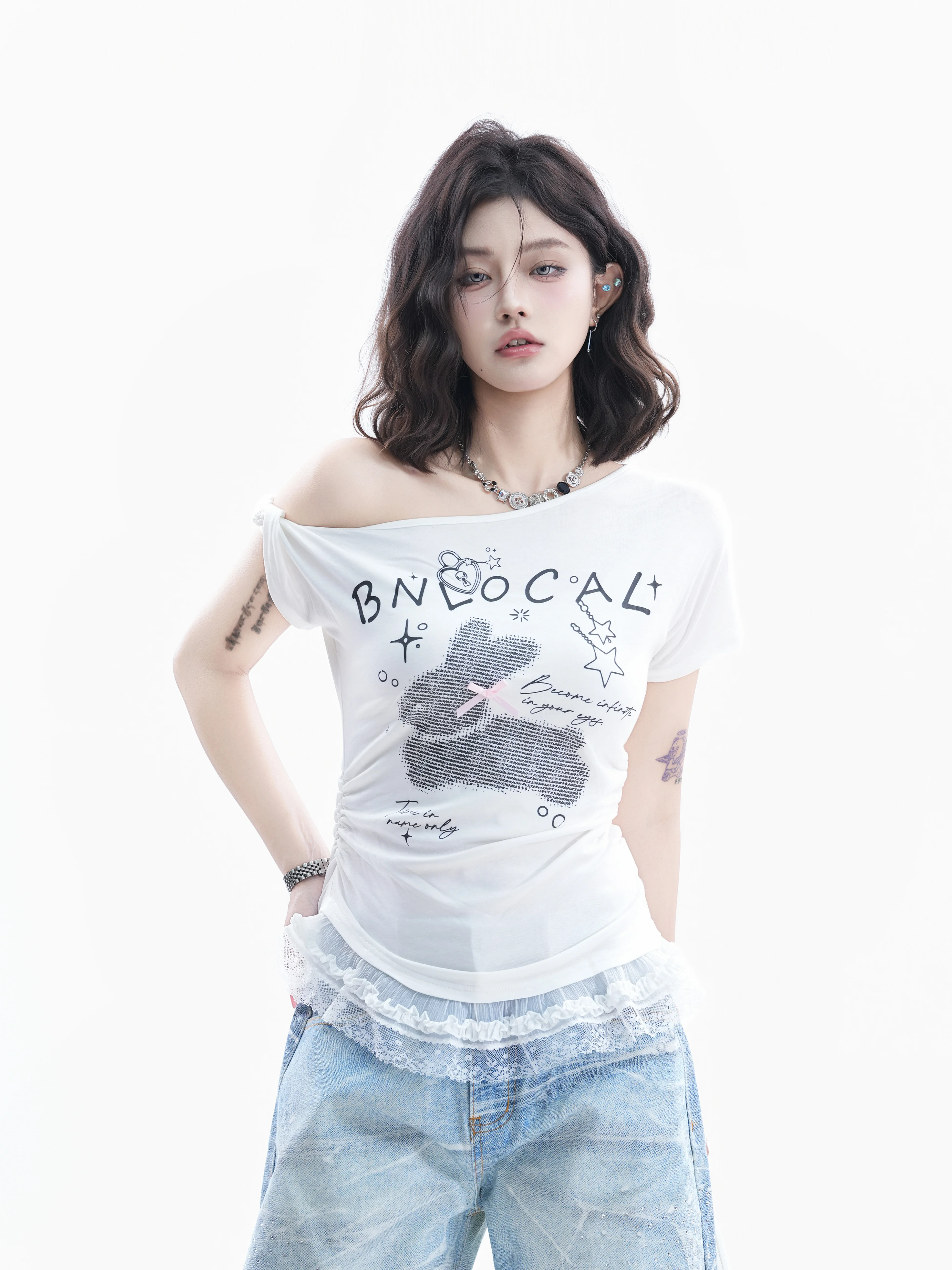 

American Style Short Sleeve T-Shirt Women's Slim Fit Cotton Rabbit Pattern Waist Cinched Hem Ruffle Bottom Fashion Top