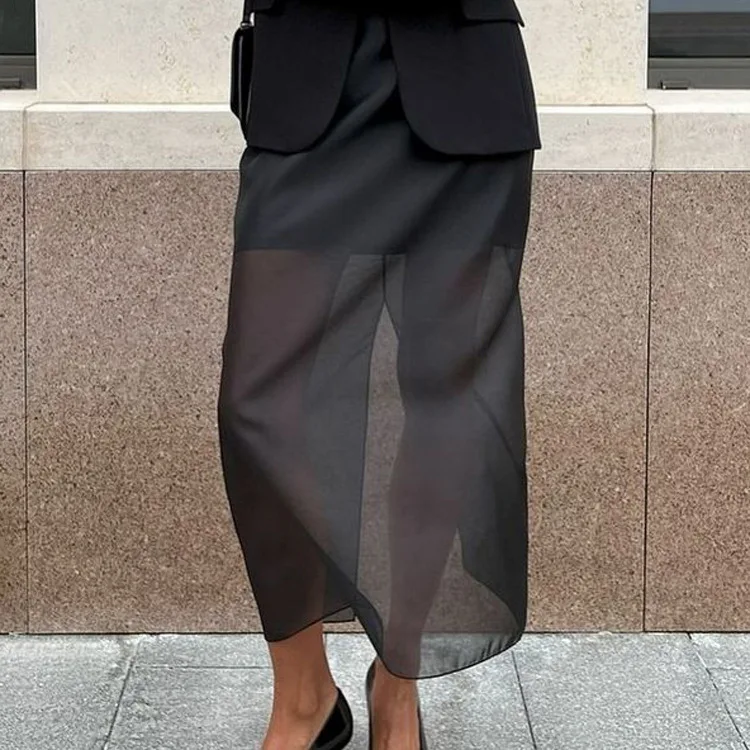 

New Fashionable Black Mesh Skirt Women's Double-layer Perspective High-waisted Split Hip Skirt