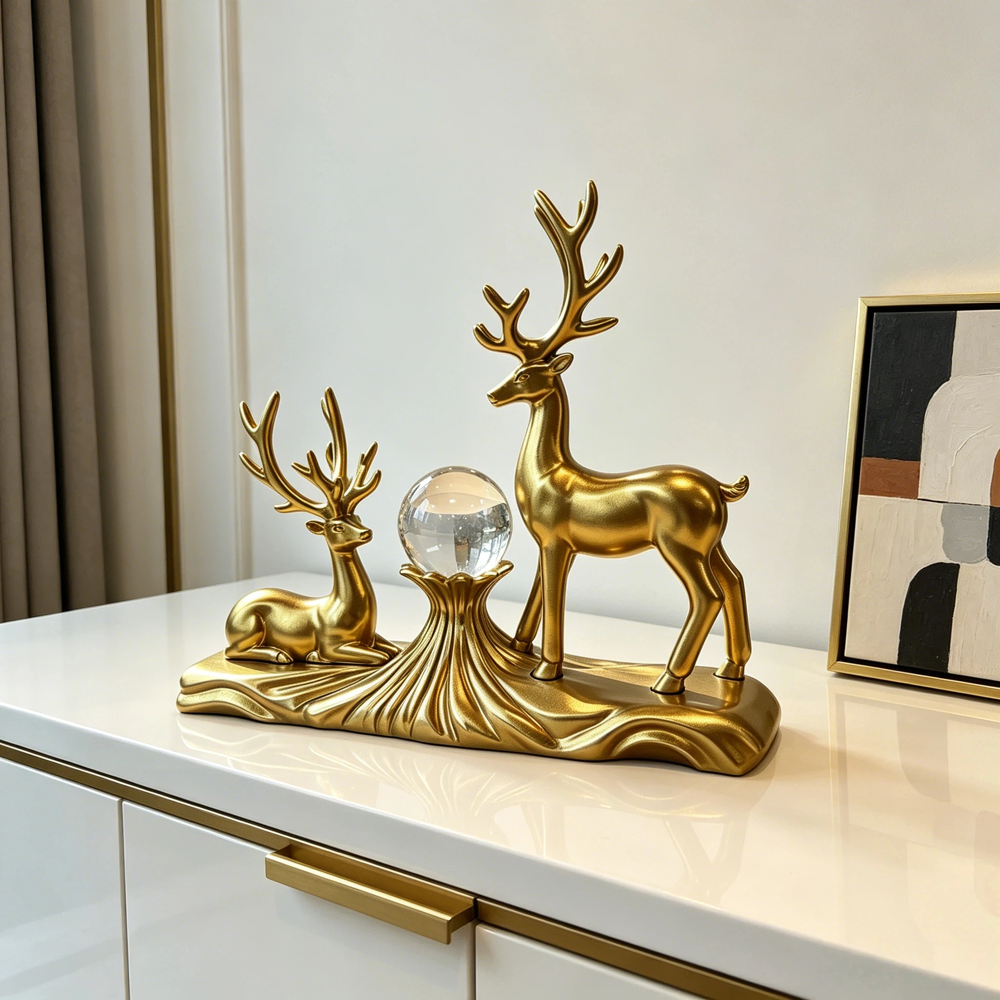 Modern Light Luxury Golden Double Deer Crystal Ball Resin Desktop Ornament, Made of High-Density Sturdy Resin Material, Suitable for Living Room Coffee Table, Study Room, Office Desk Decor. a Customer's Gratitude Gift for Partners, a Decent Gift for Elders to Celebrate Birthdays, Featuring a Double Deer Design That Symbolizes Companionship, Prosperity, and a Bright Future - view 2