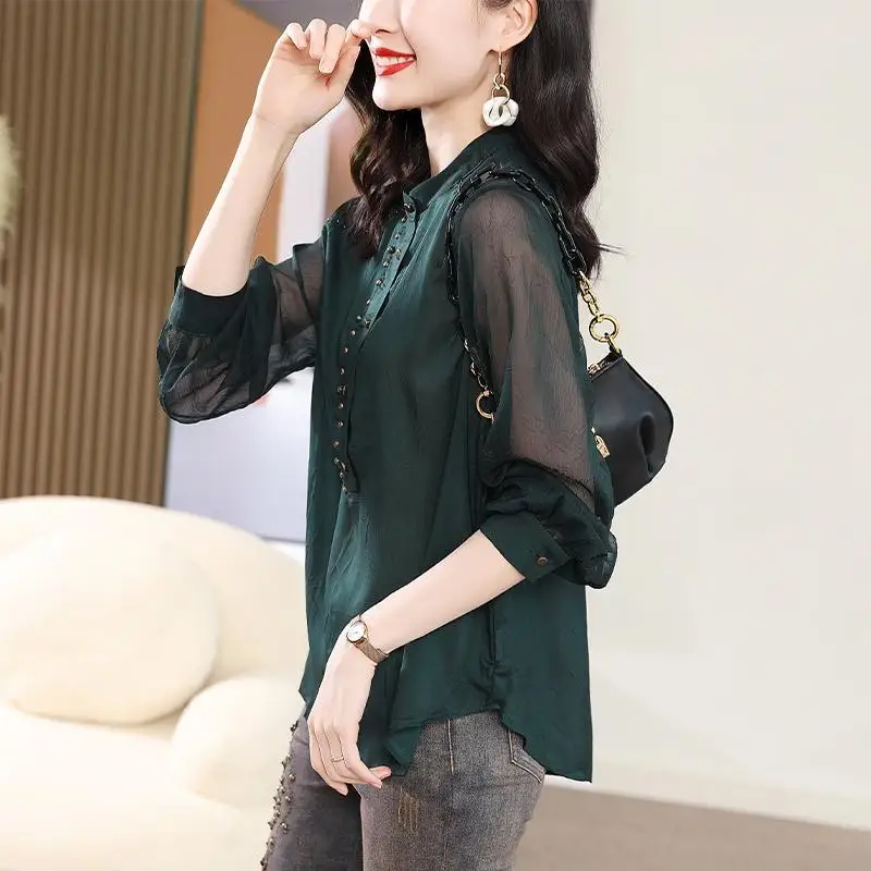 Vintage Solid Color Gauze Patchwork Shirt Stylish Embroidered Flares Button Female Clothing Stand Collar Spring Summer Blouse