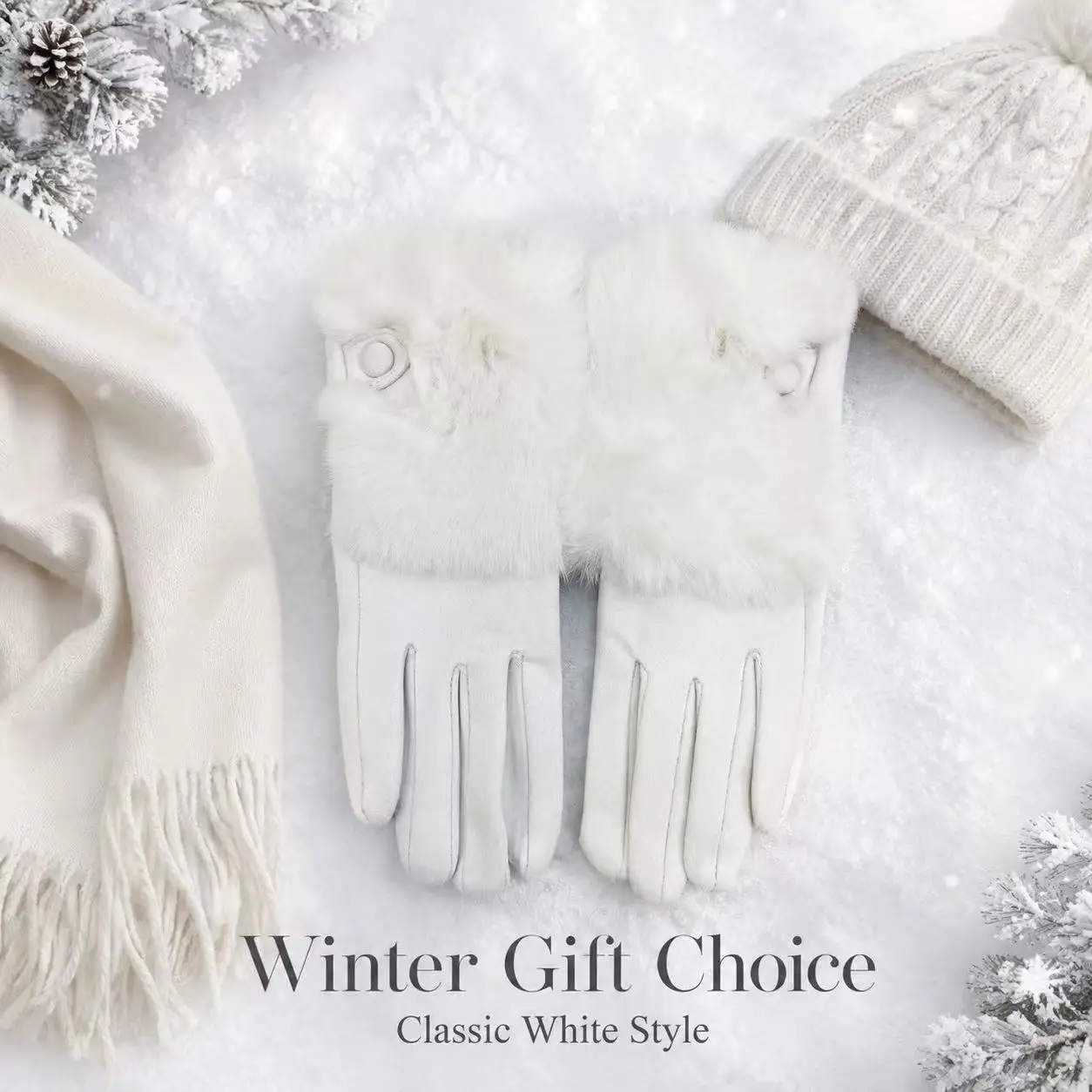 Women Fashion White Touchscreen Gloves, Cute Small Ear Design Five Finger Warm Gloves for Riding