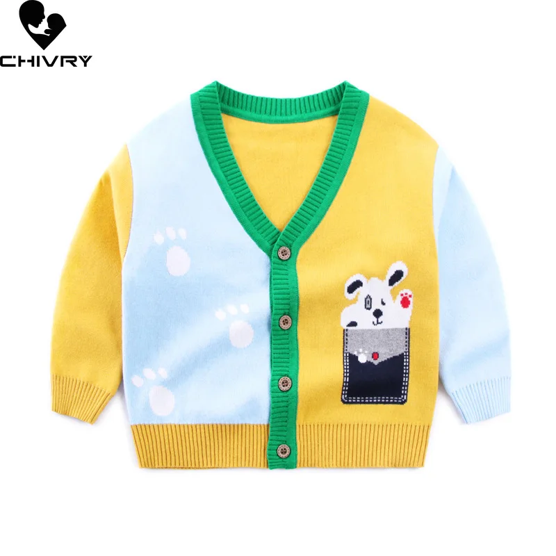 New Autumn Winter Kids Cardigan Sweater Baby Boys Cartoon Dog Jacquard Single-breasted V-neck Knitted Cardigans Coat Outerwear
