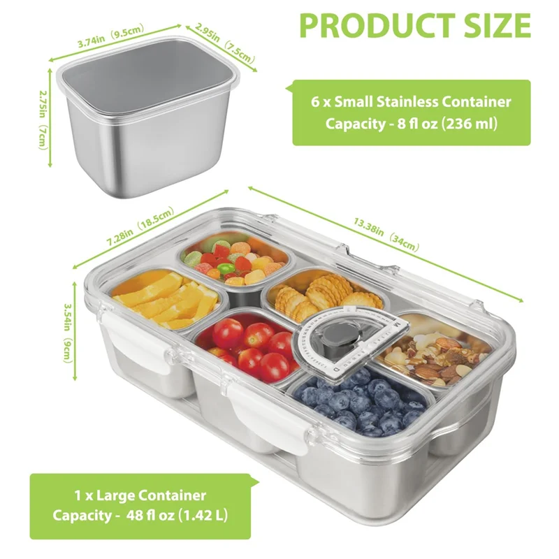 

AB11-Stainless Steel 6-Compartment Serving Tray With Lid And Handle Snackle Box Container Perfect For Travel Party