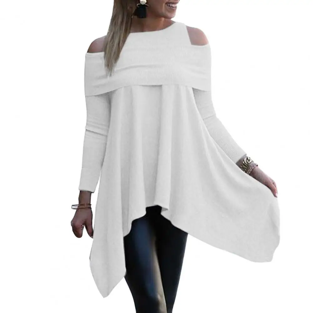 

Women Pullover Blouse Irregular Off Shoulder Crew Neck Streetwear Spring Autumn Hollow Out Overlap Ladies Top For Daily Wear