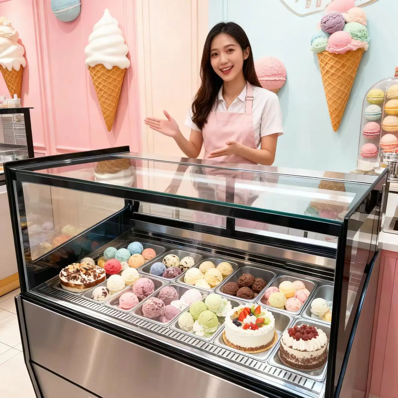 Commercial ice cream display cabinet 304 stainless steel, large capacity refrigeration, transparent glass door, dedicated to